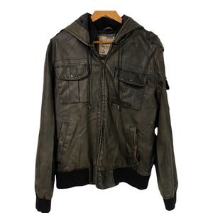 American Rag Brown Faux Leather Hooded Bomber Jacket Men's Large